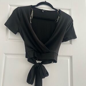 Iris Black Wrap Crop Blouse with Tie Front